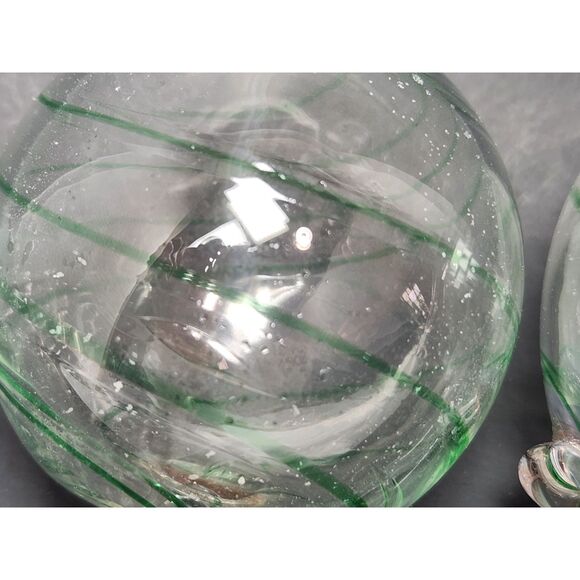 Handblown Clear Art Glass Ornaments Green Swirl Set of 2 Applied Loop Tops 2.5" - Picture 5 of 7
